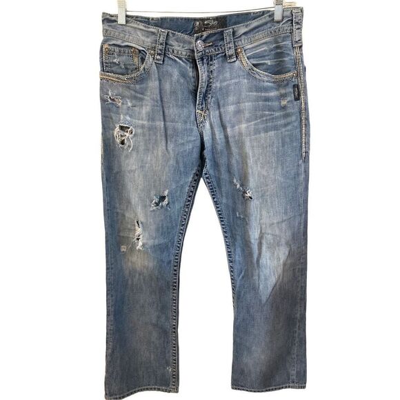 Silver Zac Jeans Distressed Destroyed Buckle Straight Preppy Embroidered Ripped - Picture 2 of 8